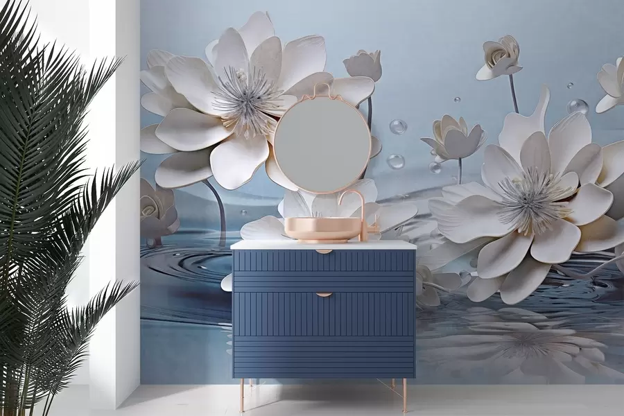 wall murals White textured flowers with water drops, reflections on the water surface, light blue background, elegant design w09262