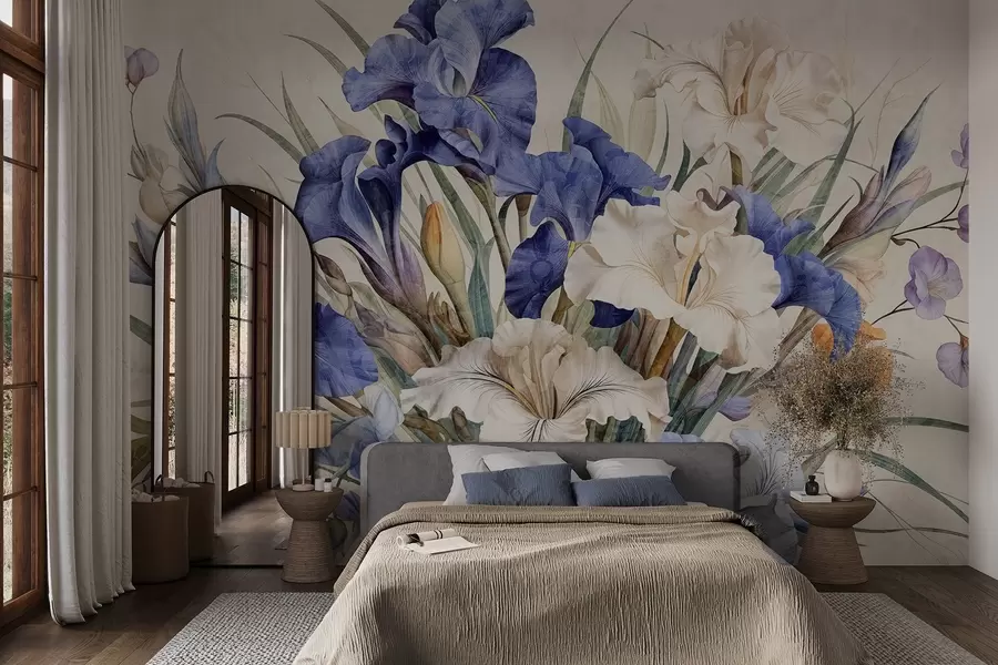 wall murals Vintage textured bouquet of purple irises, arranged with green leaves and stems, set against a soft background w09263
