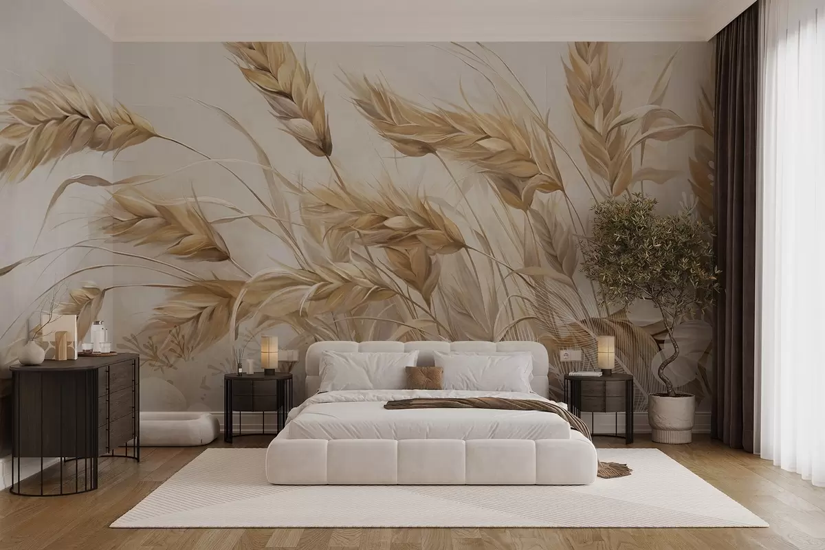 wall murals Wheat textured field with beige ears of grain swaying in the wind, soft and muted colors, creating a sense of warmth  w09264