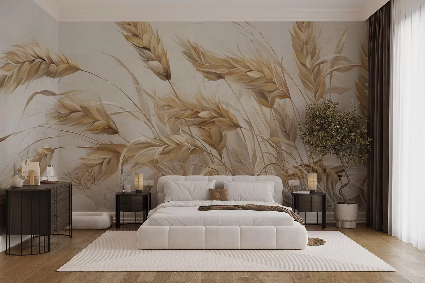 wall murals Wheat textured field with beige ears of grain swaying in the wind, soft and muted colors, creating a sense of warmth  w09264