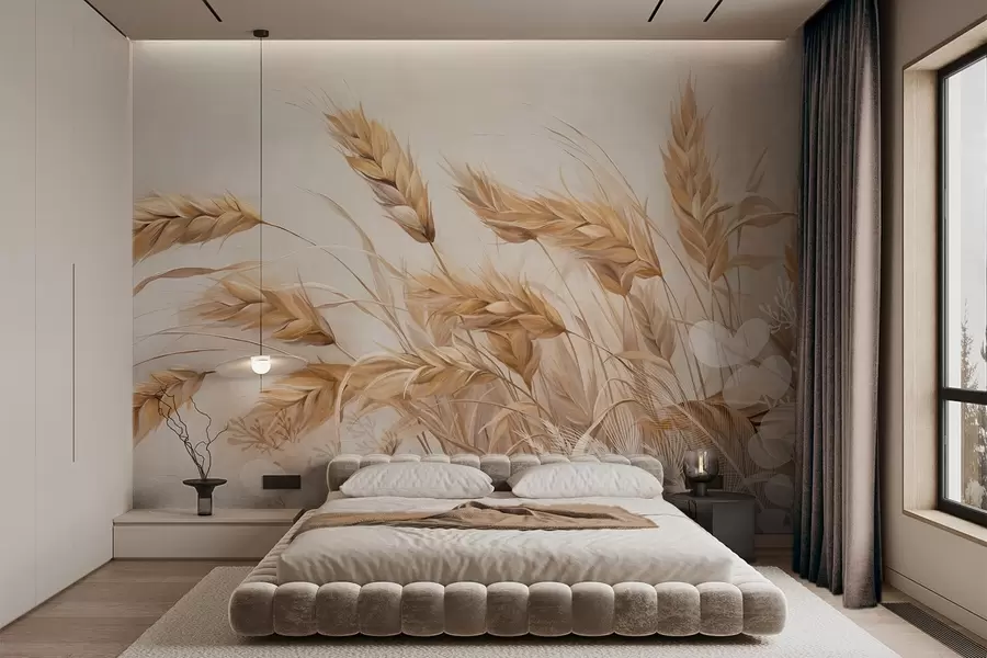 wall murals Wheat textured field with beige ears of grain swaying in the wind, soft and muted colors, creating a sense of warmth  w09264