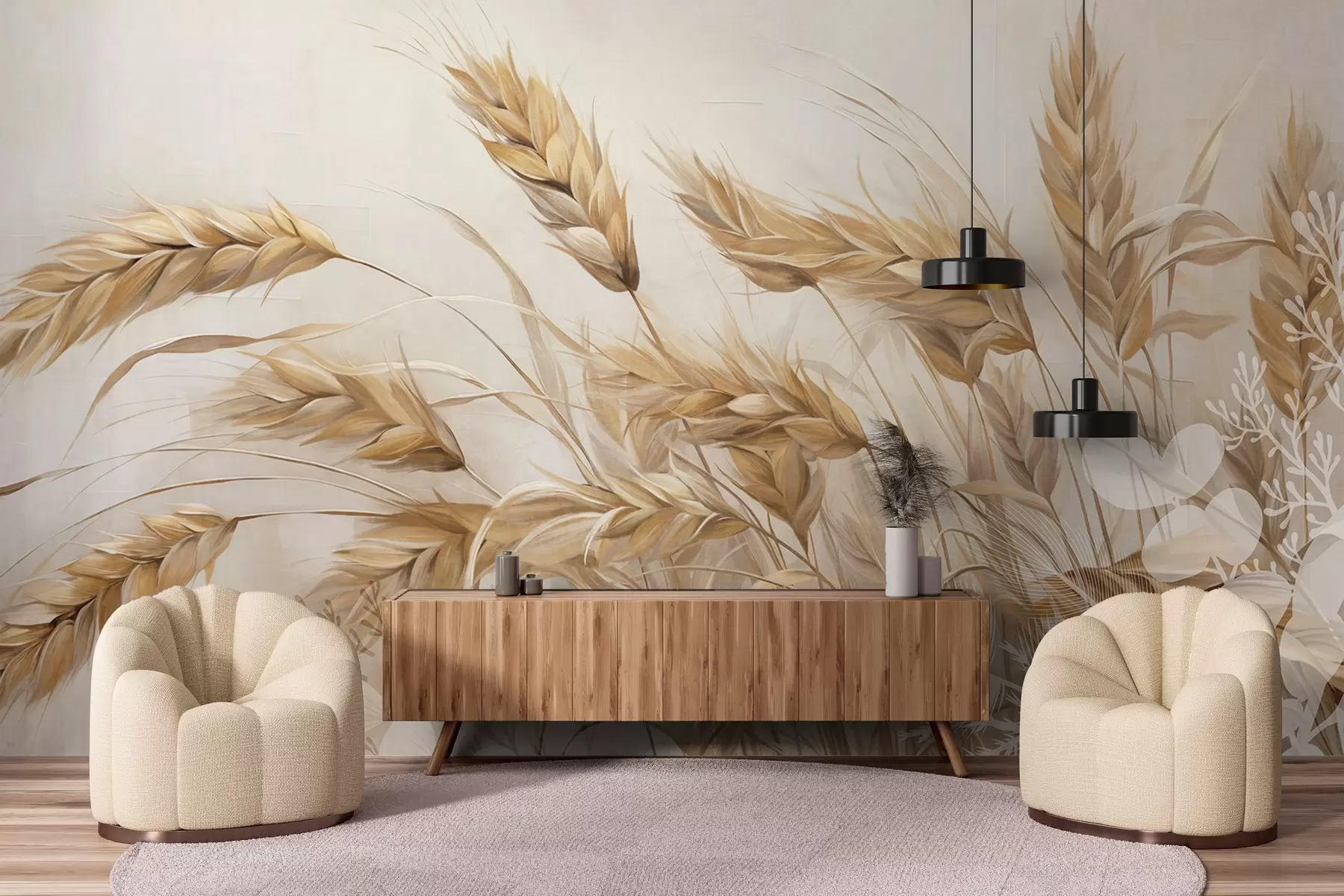 wall murals Wheat textured field with beige ears of grain swaying in the wind, soft and muted colors, creating a sense of warmth  w09264