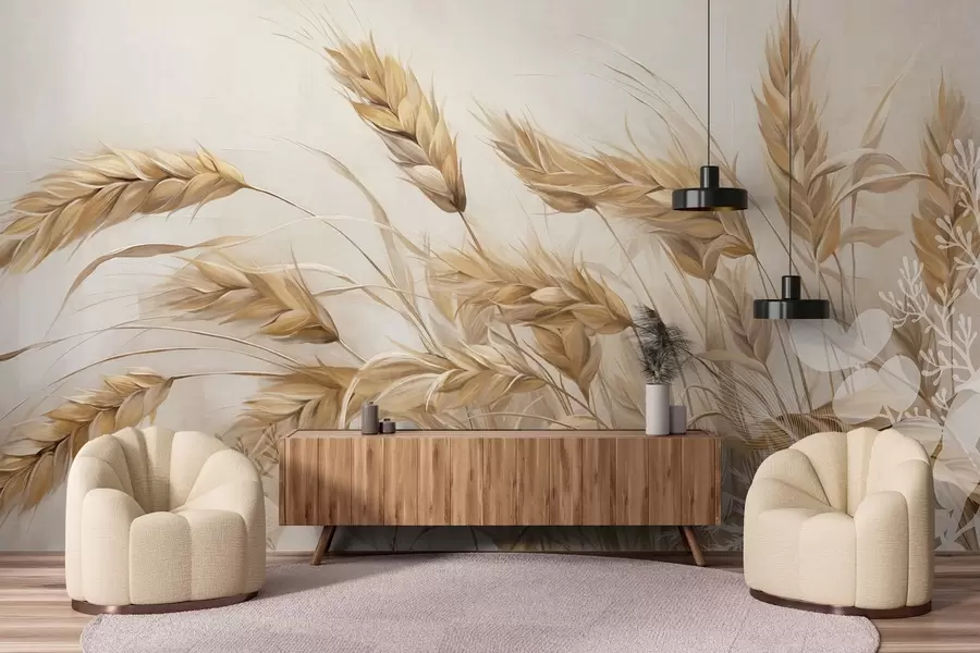 wall murals Wheat textured field with beige ears of grain swaying in the wind, soft and muted colors, creating a sense of warmth  w09264