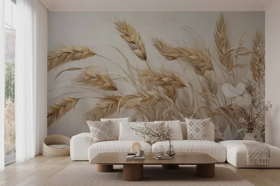 wall murals Wheat textured field with beige ears of grain swaying in the wind, soft and muted colors, creating a sense of warmth  w09264