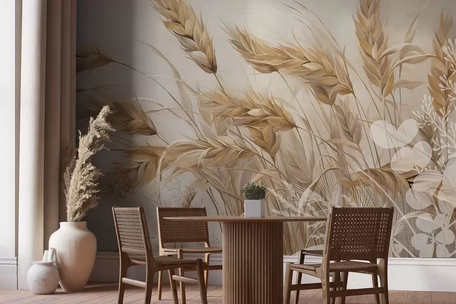 wall murals Wheat textured field with beige ears of grain swaying in the wind, soft and muted colors, creating a sense of warmth  w09264