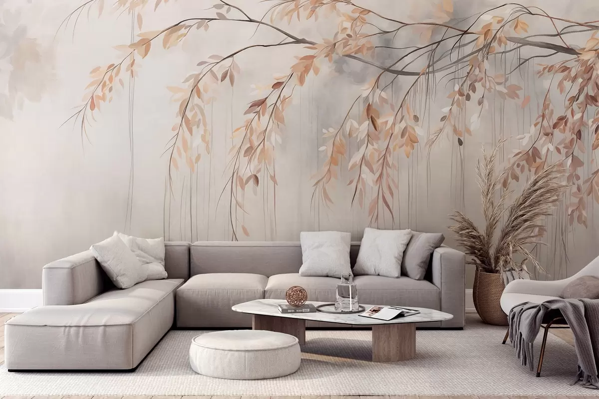 wall murals A branch with light orange leaves hanging down, light gray textured blurred background, soft and delicate style w09265