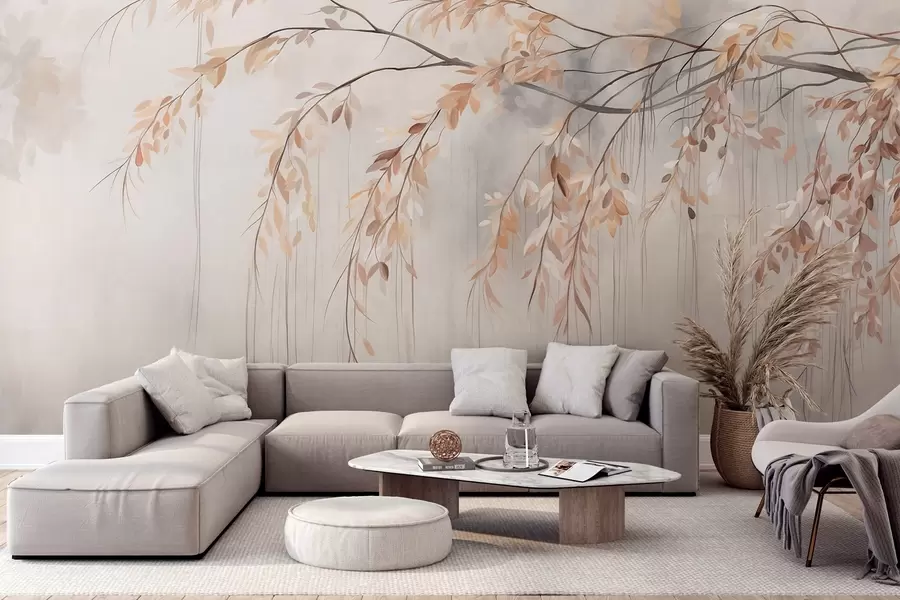 wall murals A branch with light orange leaves hanging down, light gray textured blurred background, soft and delicate style w09265