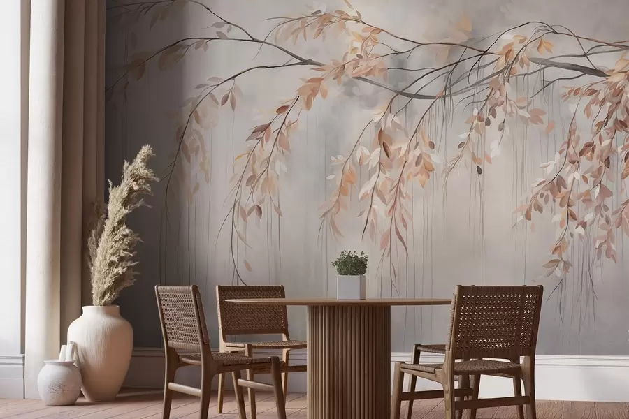 wall murals A branch with light orange leaves hanging down, light gray textured blurred background, soft and delicate style w09265