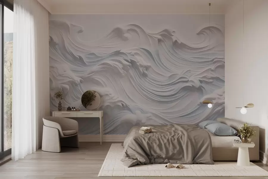 wall murals White and light blue textured abstract ocean waves with foam, flowing from left to right, dynamic and textured print w09266