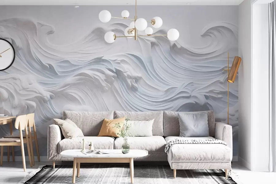 wall murals White and light blue textured abstract ocean waves with foam, flowing from left to right, dynamic and textured print w09266