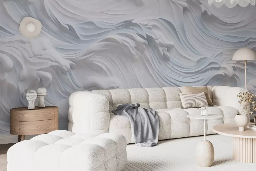 wall murals White and light blue textured abstract ocean waves with foam, flowing from left to right, dynamic and textured print w09266