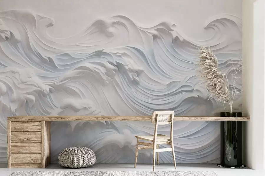 wall murals White and light blue textured abstract ocean waves with foam, flowing from left to right, dynamic and textured print w09266