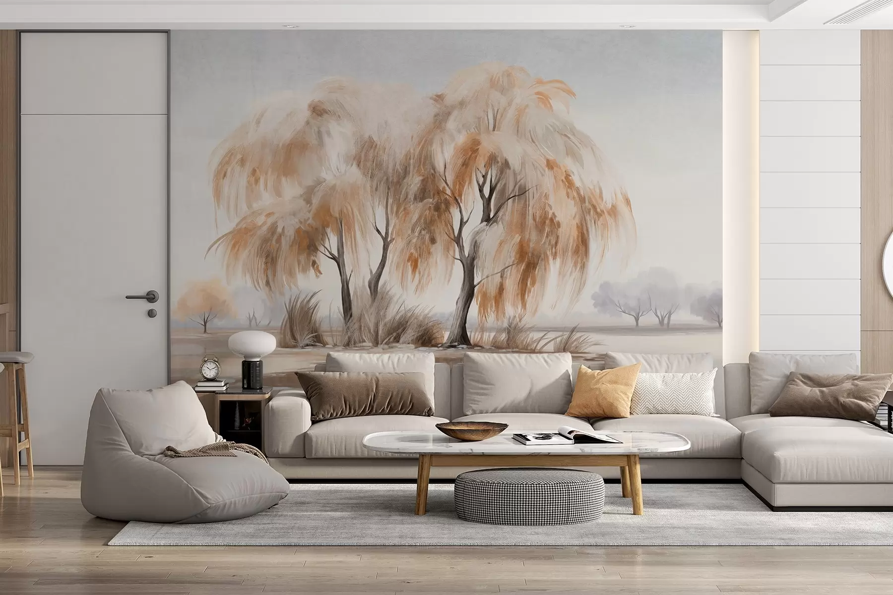 wall murals Textured willow trees with brown and white leaves on the shore of a lake, with some grass around them, in a misty day w09268