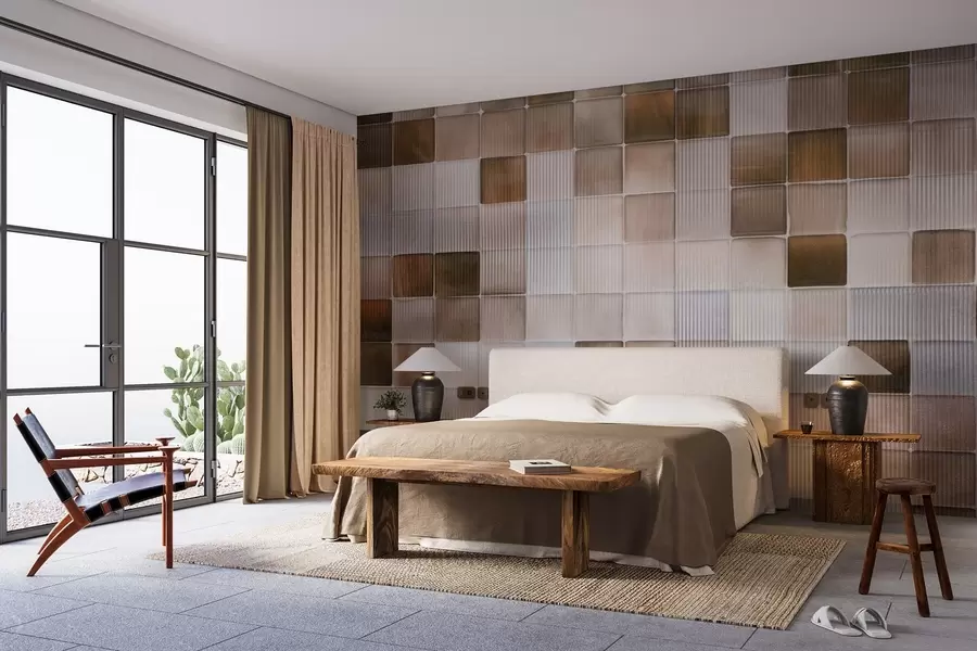 wall murals Square mosaic stone tiles in shades of brown, beige and white with an abstract fluted grainy noisy texture w09269