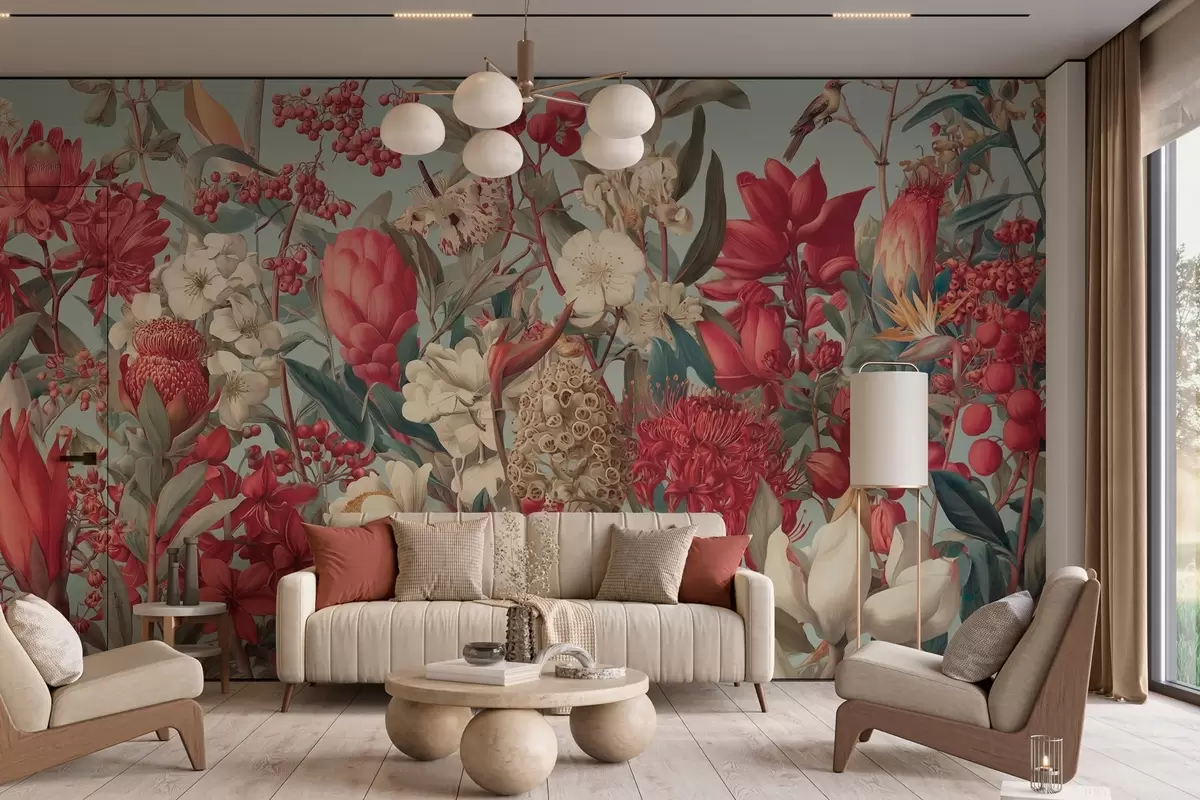 wall murals textured tropical flowers on a blue background w04209