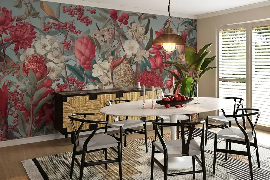 wall murals textured tropical flowers on a blue background w04209