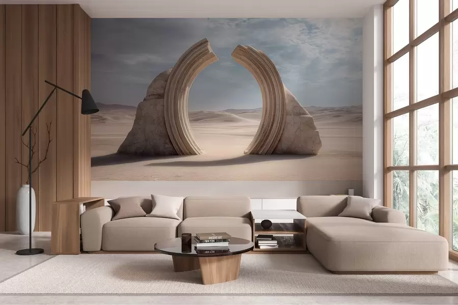 wall murals surrealistic desert landscape with a large architectural arch w04284