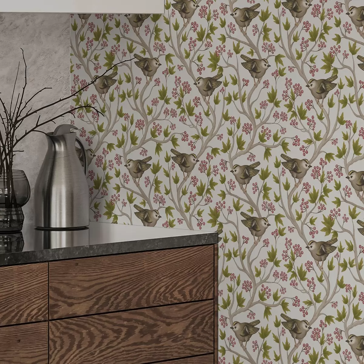 Wallpaper Birds on branches with leaves and berries on a white background a00283