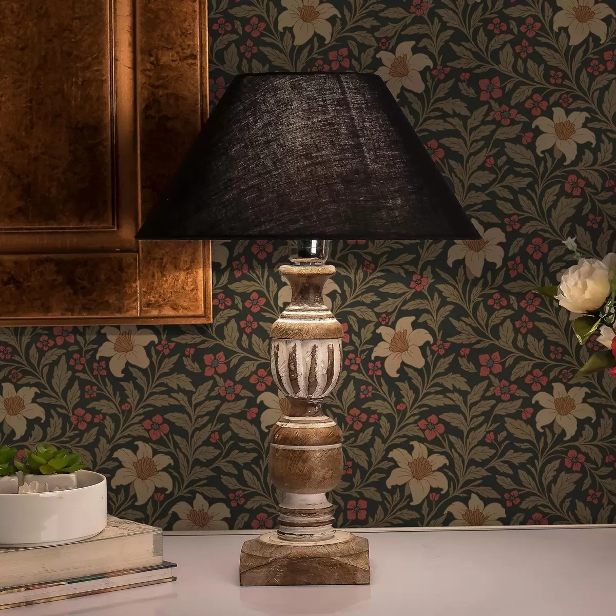 Wallpaper Dark background with yellow and red flowers in Art Nouveau style a00293