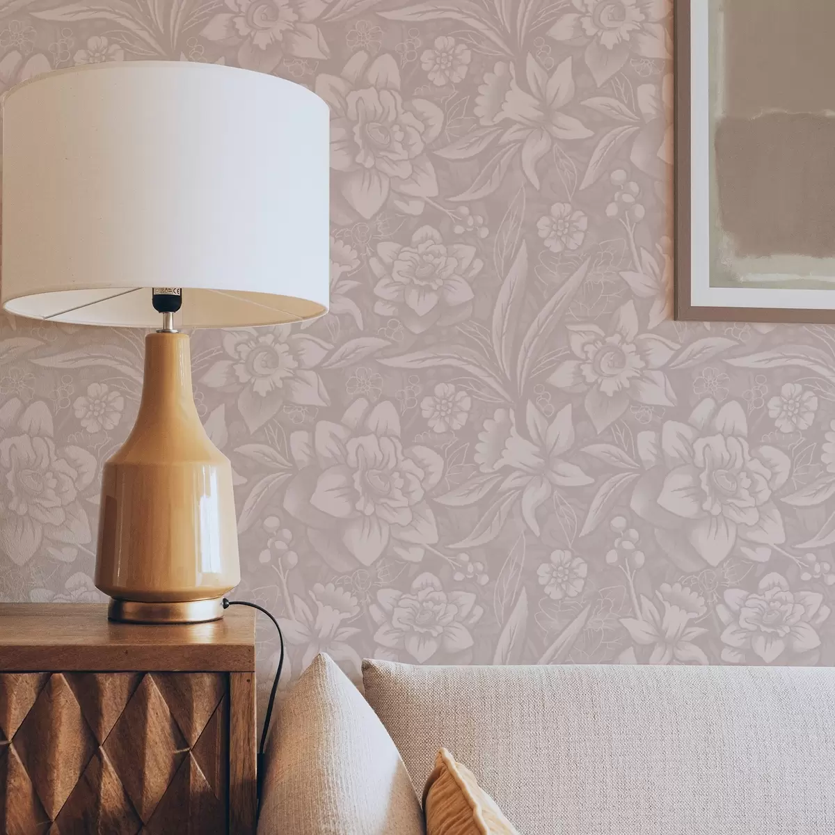 Wallpaper Monochrome floral design with daffodils on a cream background a00294