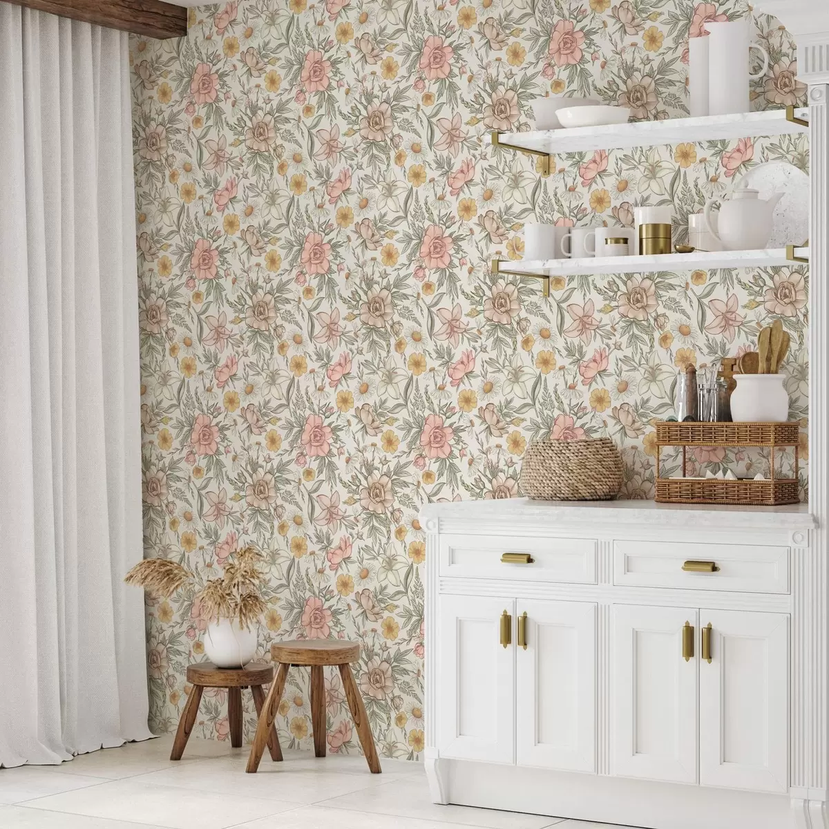 Wallpaper Daisies, peonies, lilies and leaves in delicate colors a00299