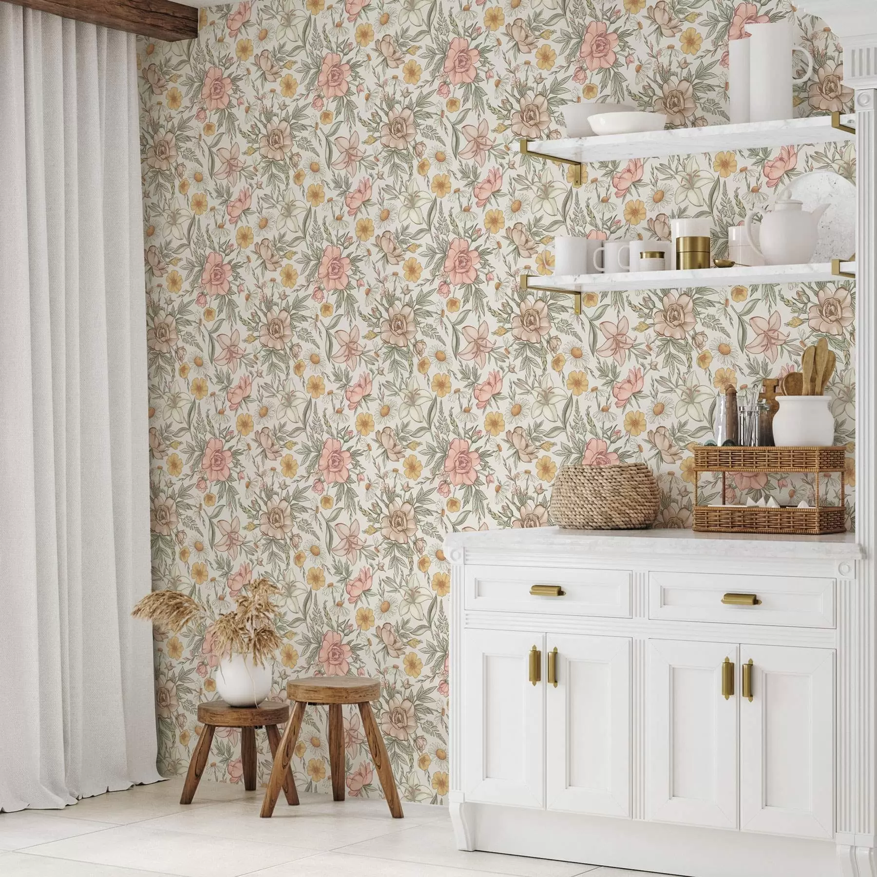 wall murals Daisies, peonies, lilies and leaves in delicate colors a00299