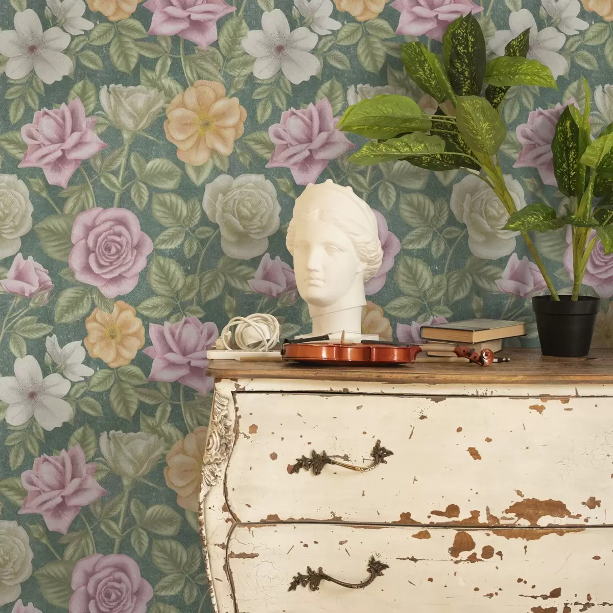 Wallpaper Pink cream and yellow roses on a green background a00300