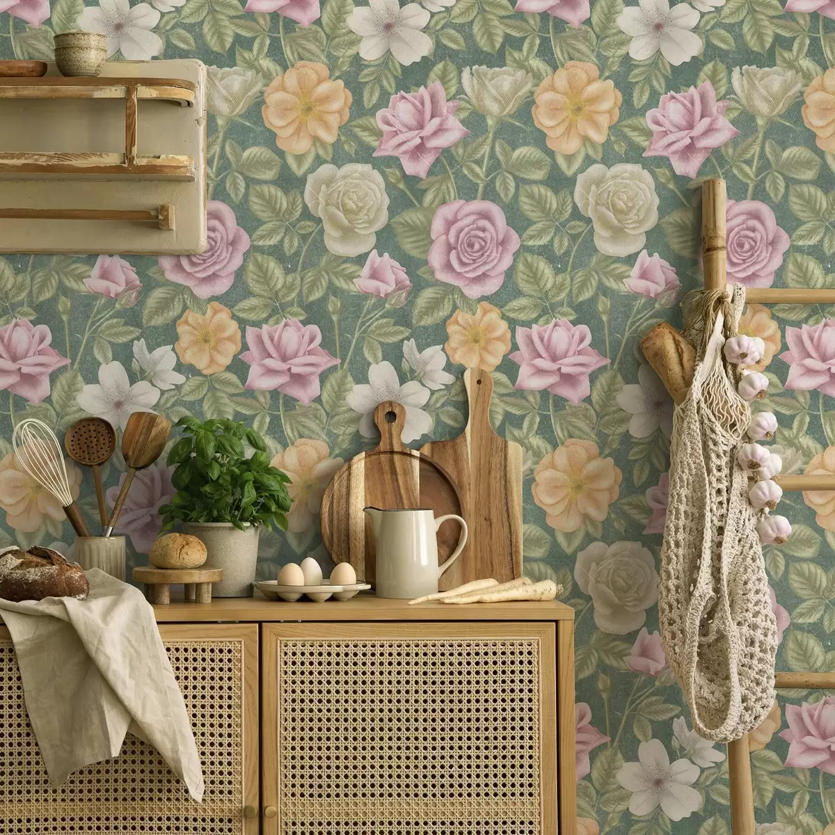 Wallpaper Pink cream and yellow roses on a green background a00300