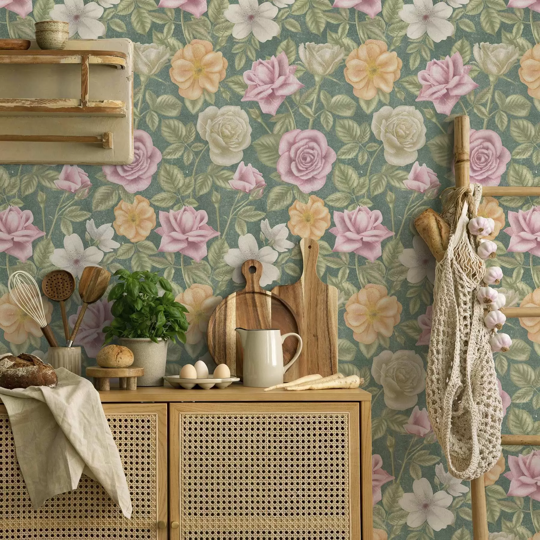 wall murals Pink cream and yellow roses on a green background a00300