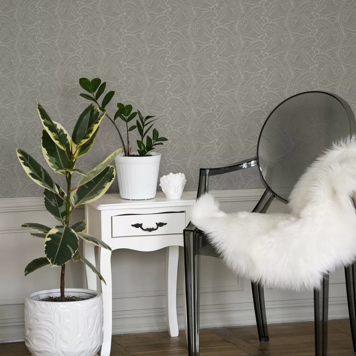 Wallpaper Gray folklore stylization with leaves and flowers a00301