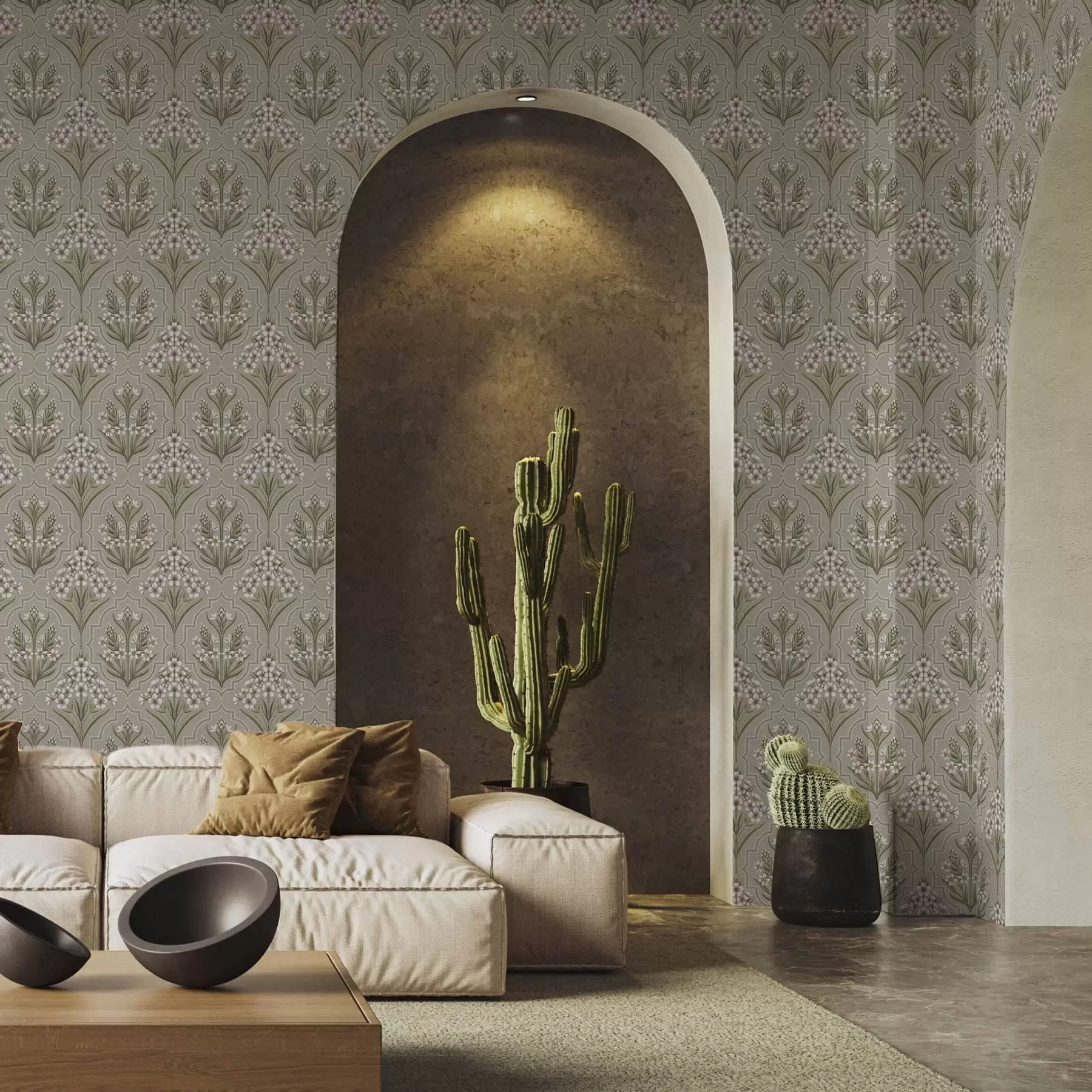 wall murals Symmetrical pattern with white flowers on a gray background a00302