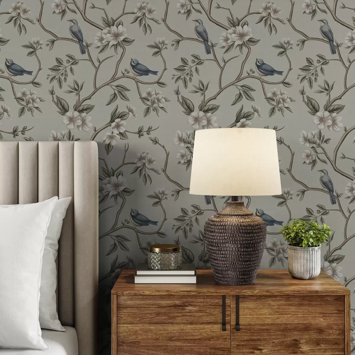 Wallpaper Branches with birds and white flowers on a delicate background a00303