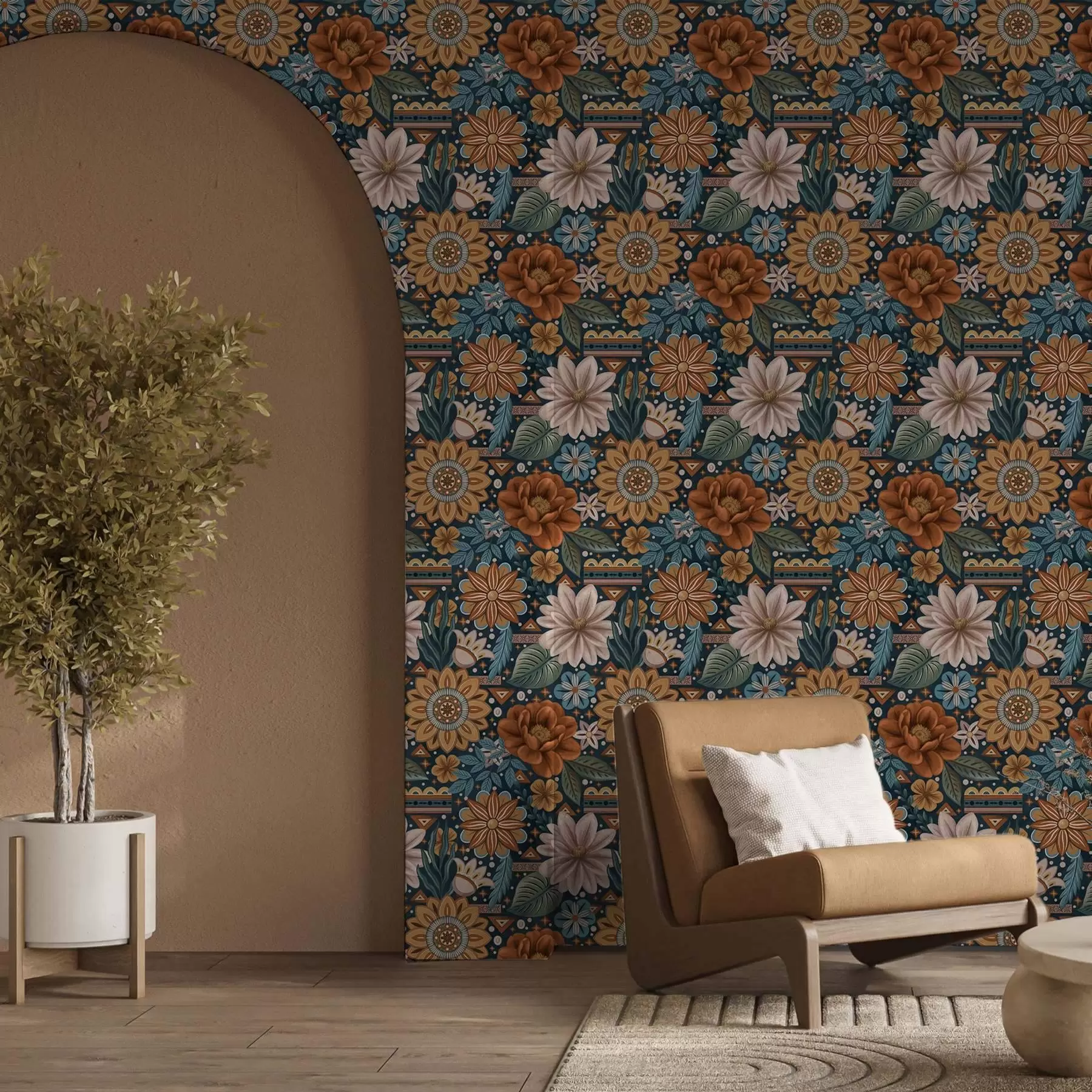 wall murals Bright decorative flowers with geometric elements a00305