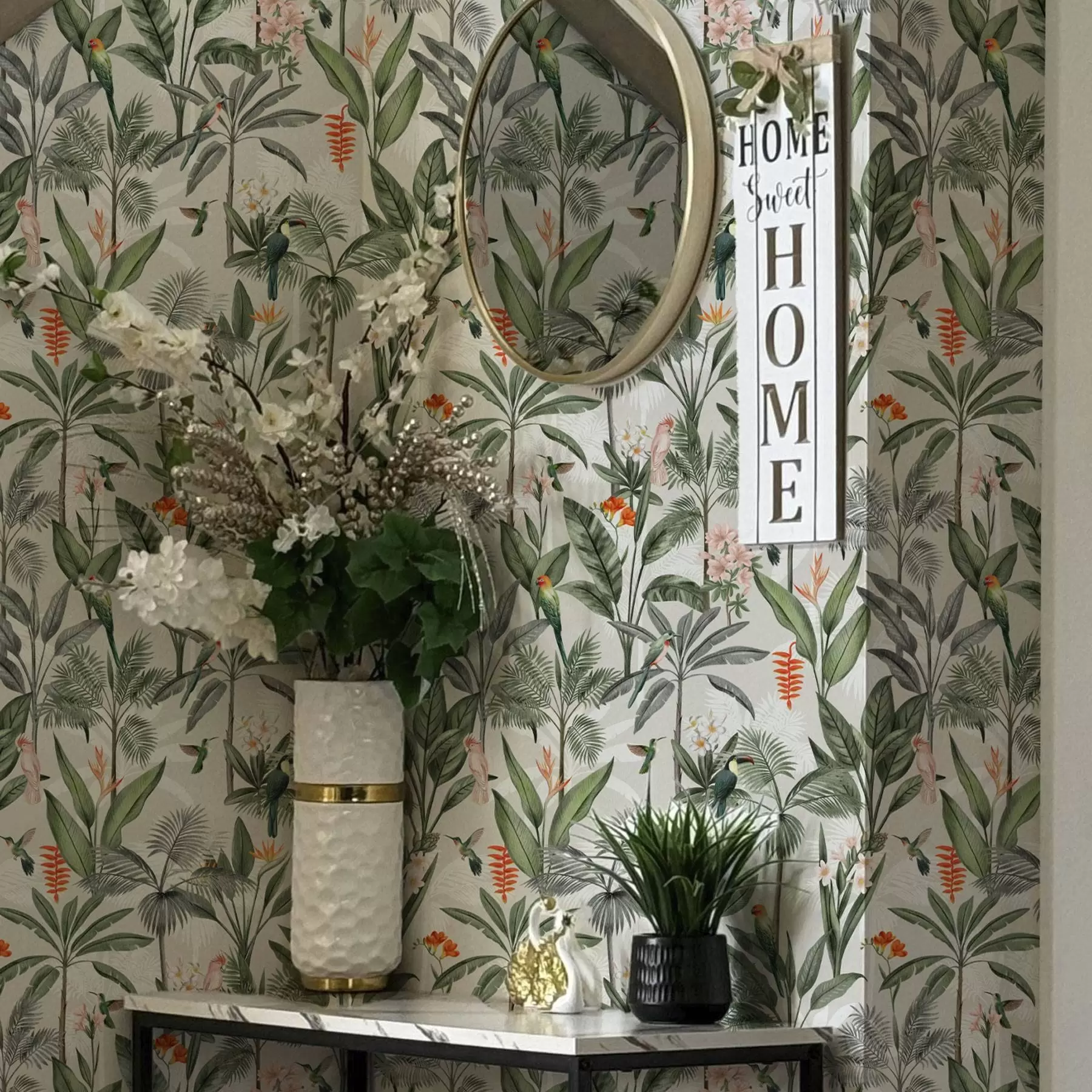 wall murals Tropical birds among palm leaves a00308