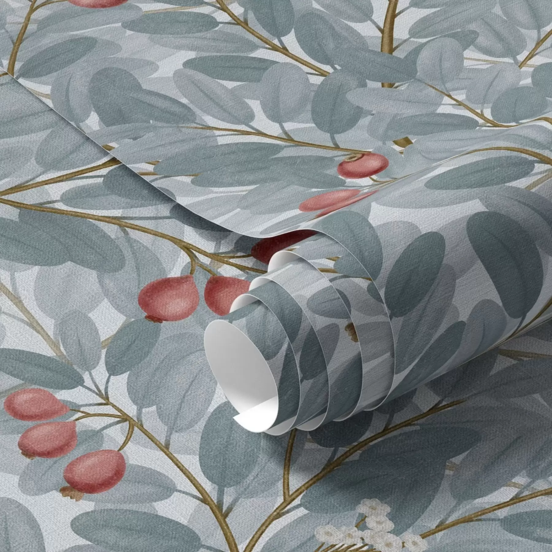 wall murals Blue leaves with sprigs of red berries a00309