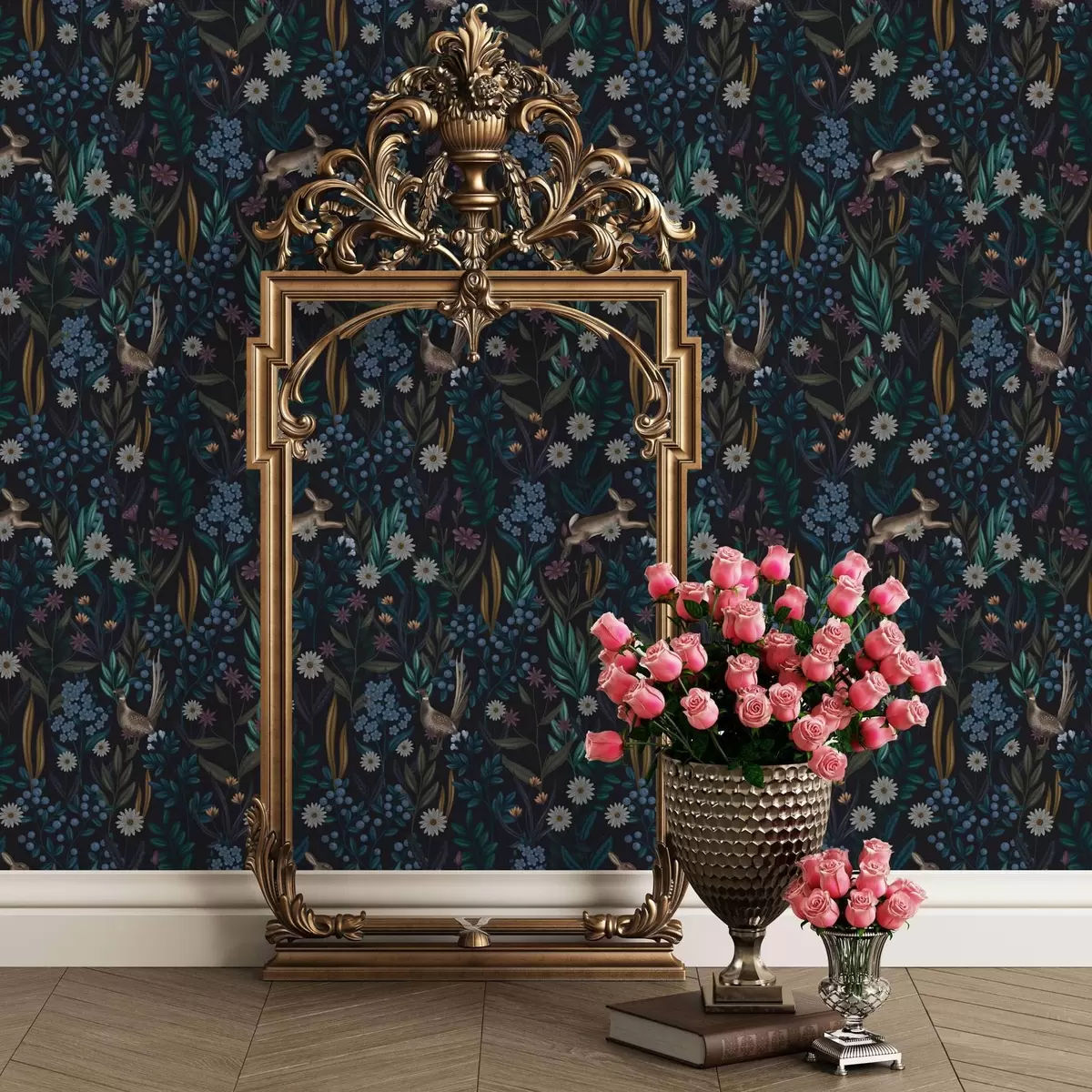 Wallpaper Dark forest with flowers, hare and a bird a00310