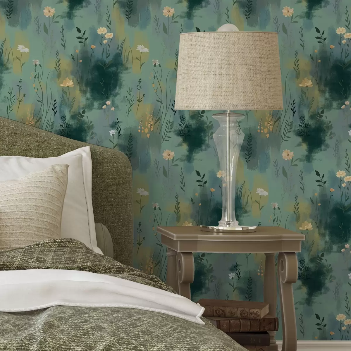 Wallpaper Watercolor abstraction with flowers on green background a00312