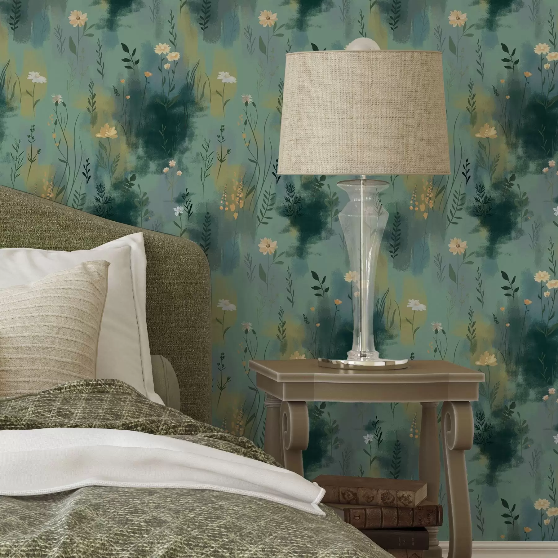 wall murals Watercolor abstraction with flowers on green background a00312