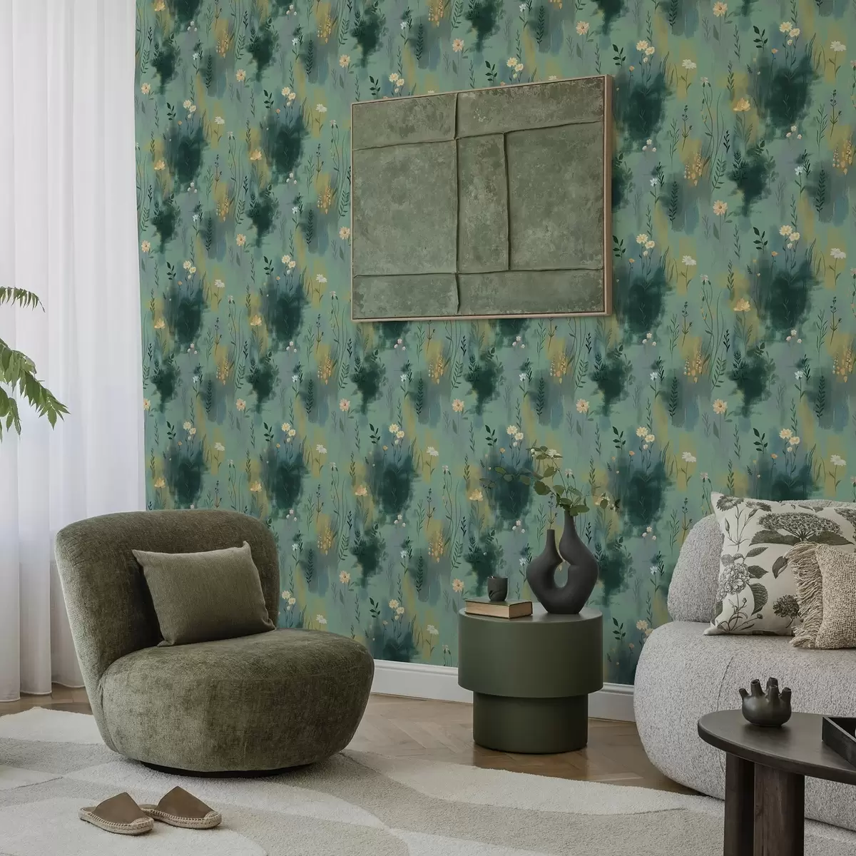 Wallpaper Watercolor abstraction with flowers on green background a00312