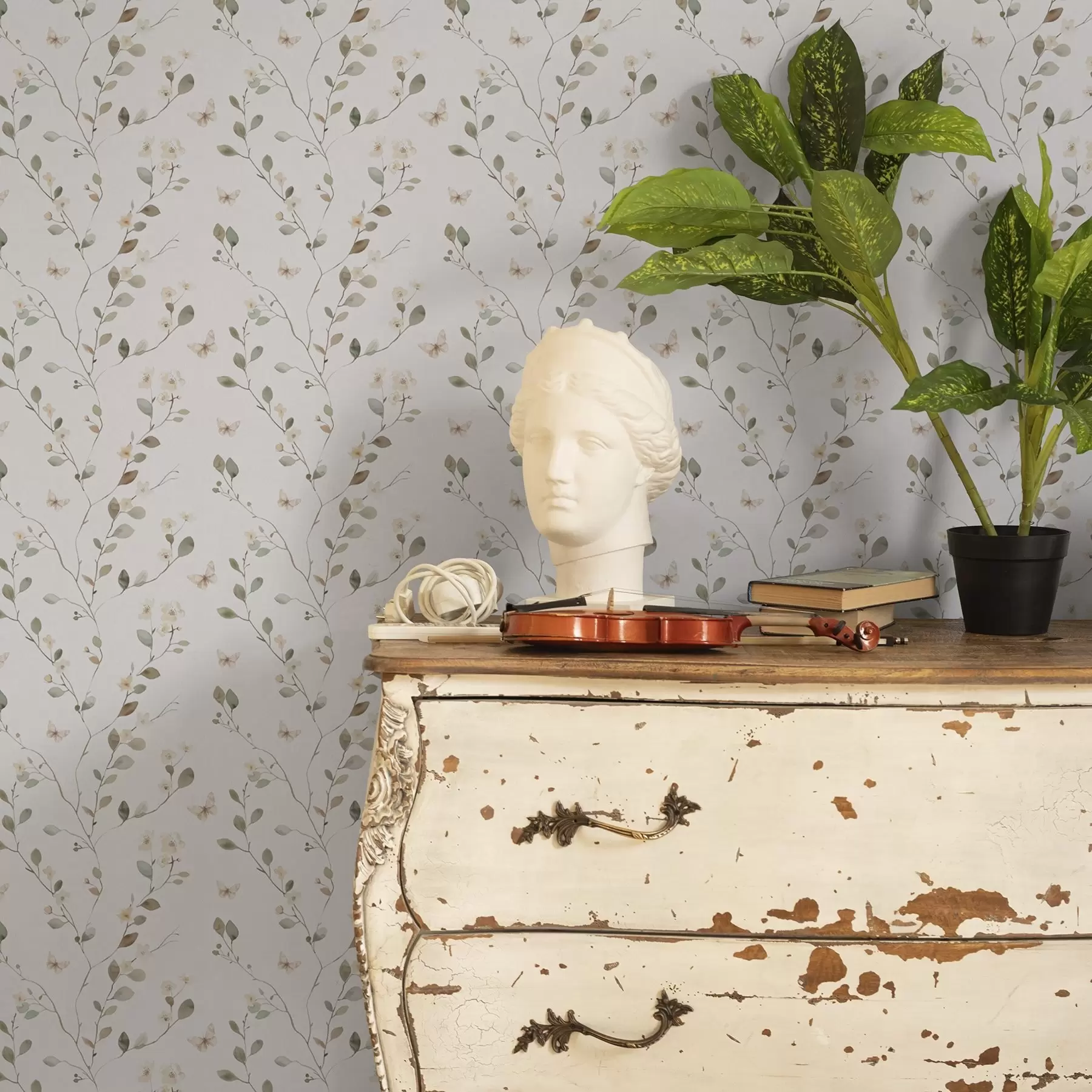 wall murals Thin branches with flowers and butterflies on white background a00342