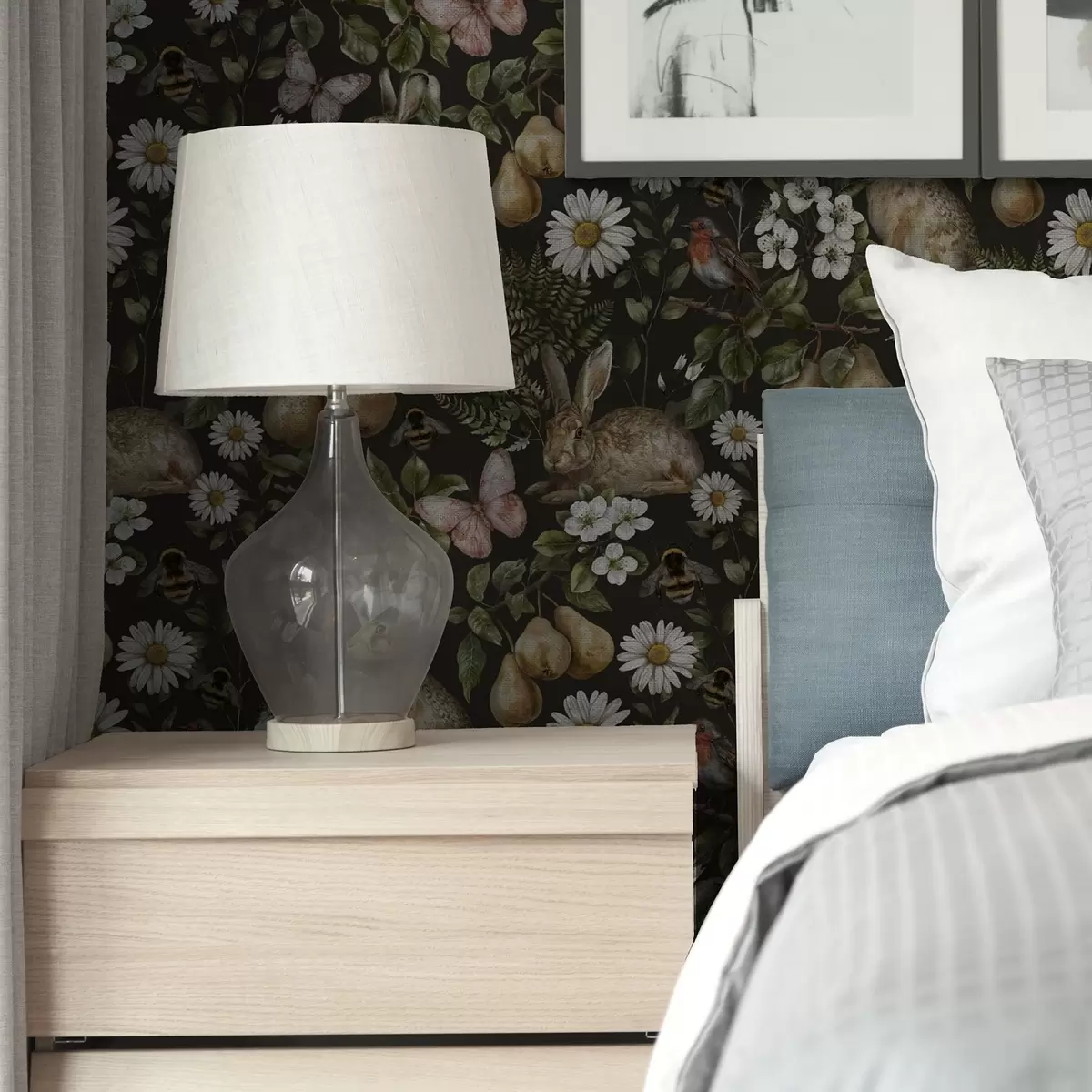 Wallpaper Realistic rabbits, pears, flowers and insects on a dark background a00401