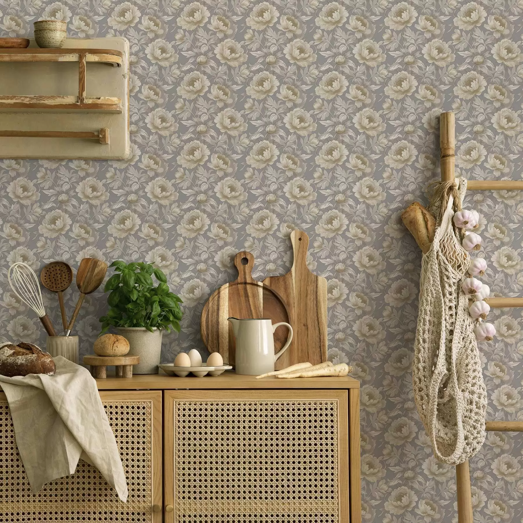 wall murals Lush peonies and leaves on a gray background a00403