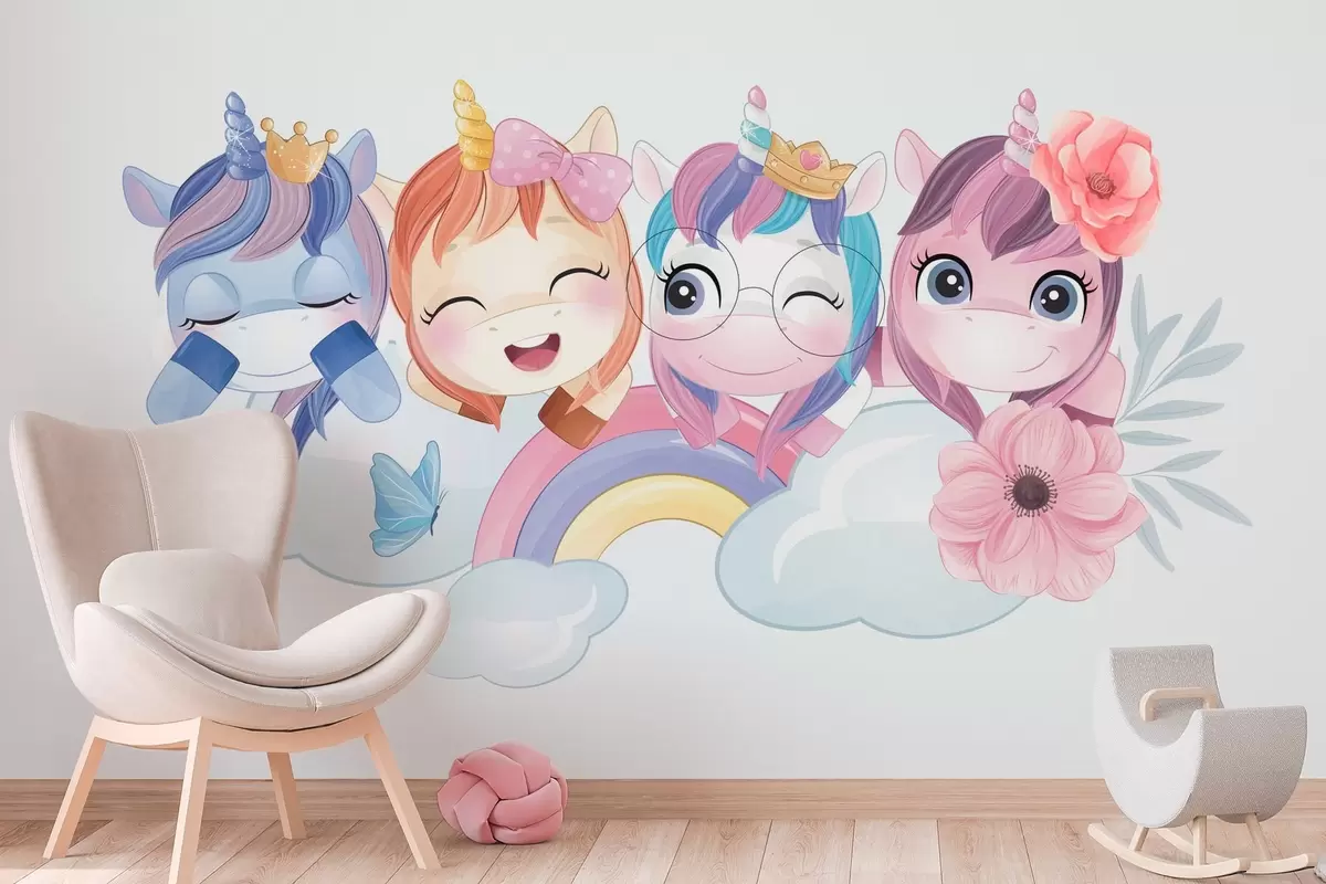 wall murals Cute unicorns among clouds and rainbows w04298