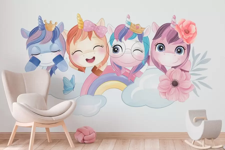 wall murals Cute unicorns among clouds and rainbows w04298