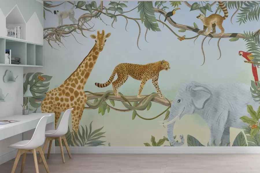 wall murals Jungle illustration with giraffe, cheetah and elephant w04194