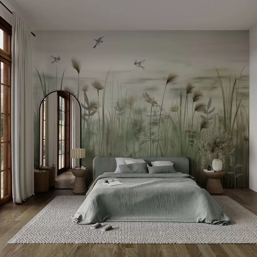 wall murals Light version of grass landscape with swallows w04258