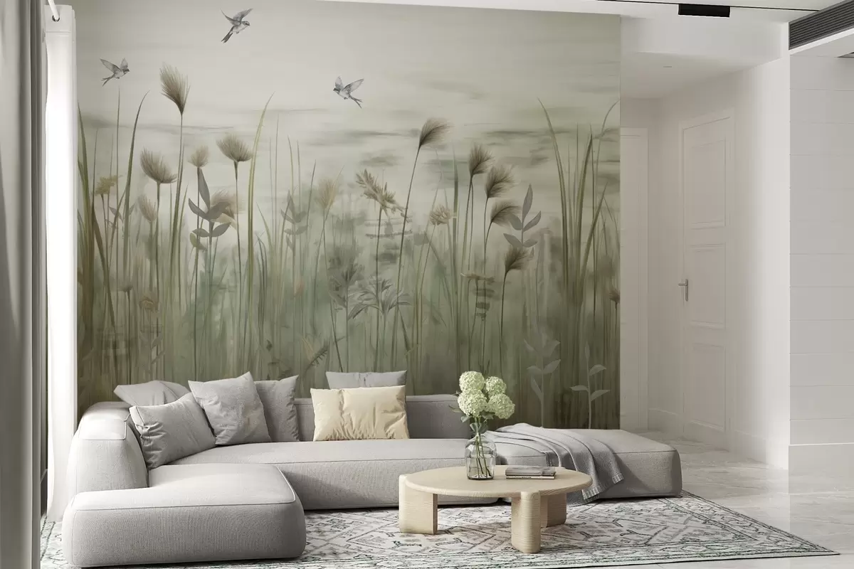 wall murals Light version of grass landscape with swallows w04258