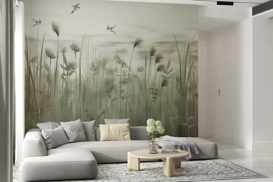 wall murals Light version of grass landscape with swallows w04258