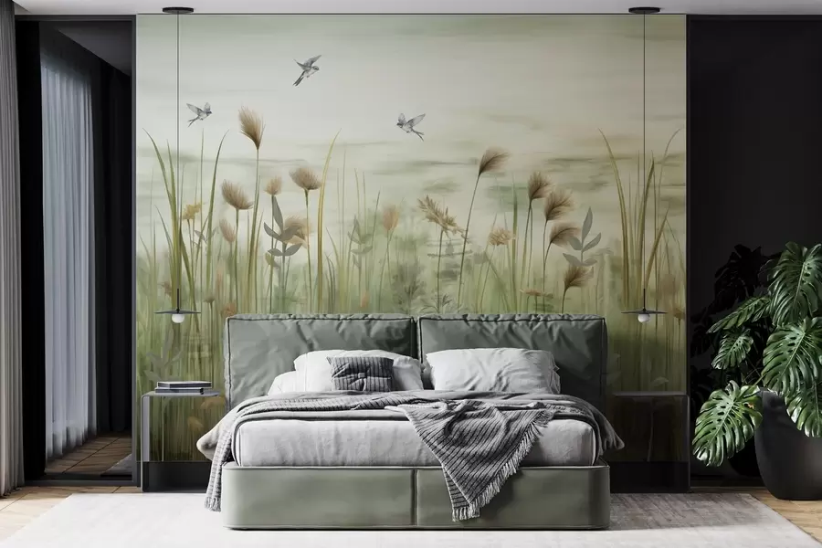 wall murals Grass landscape with swallows against soft sky w04258v1