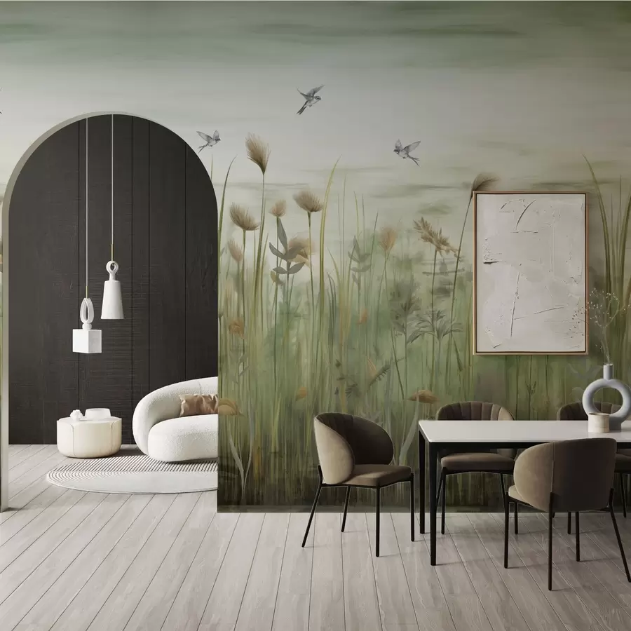 wall murals Grass landscape with swallows against soft sky w04258v1